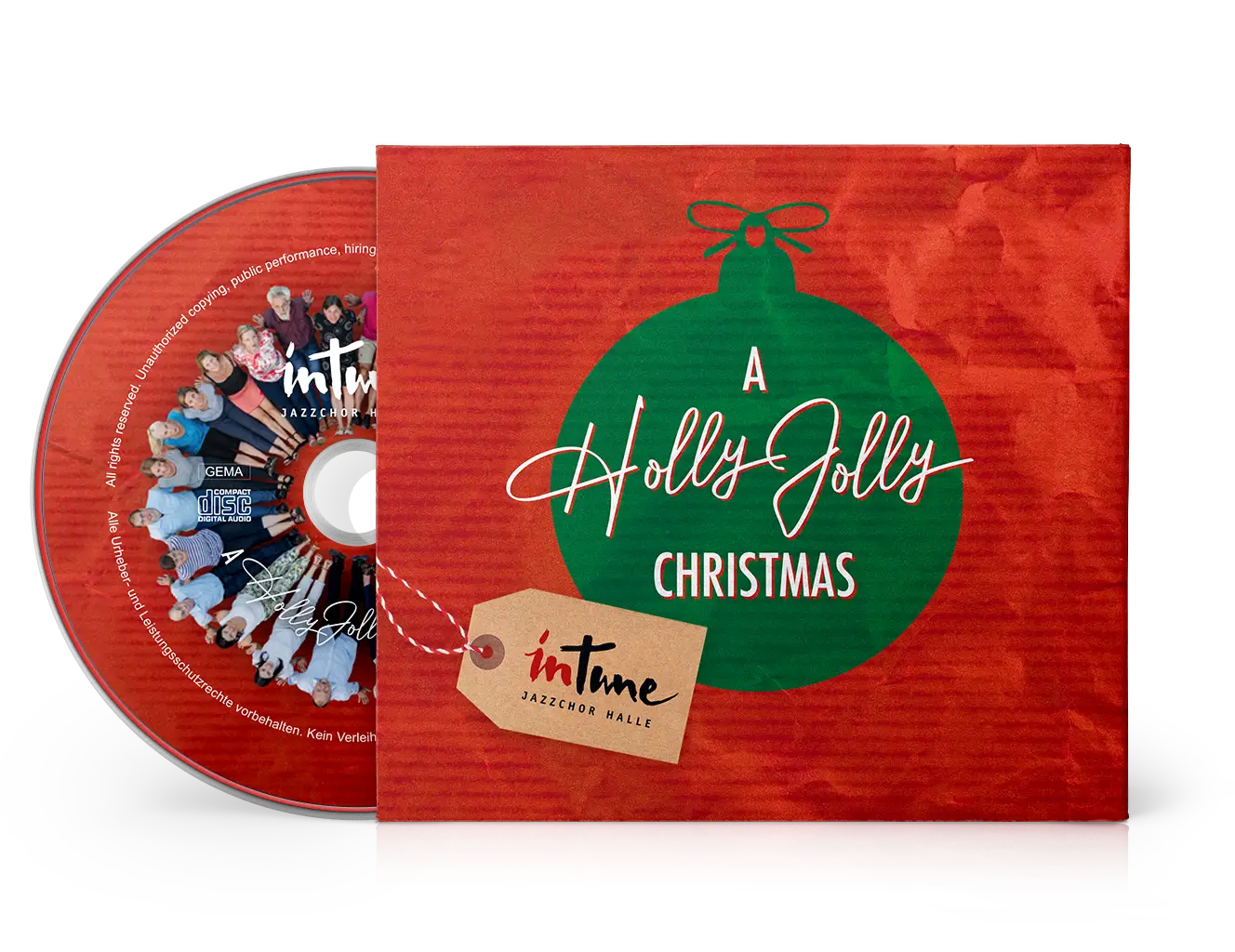 CD und Cover des Jazzchors Halle mit Titel A Holly Jolly Christmas in rot und grün gestaltet